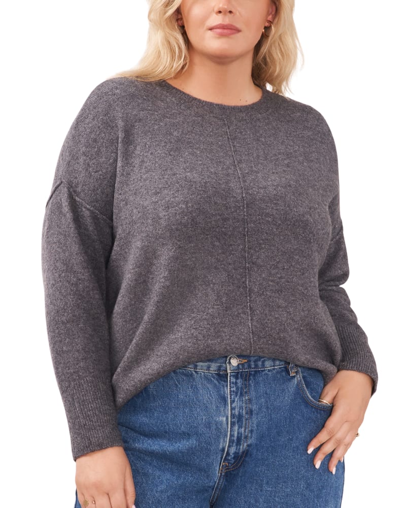 Front of a model wearing a size 1X Carrie Cozy Sweater in MED HTHRGREY by Vince Camuto. | dia_product_style_image_id:260898
